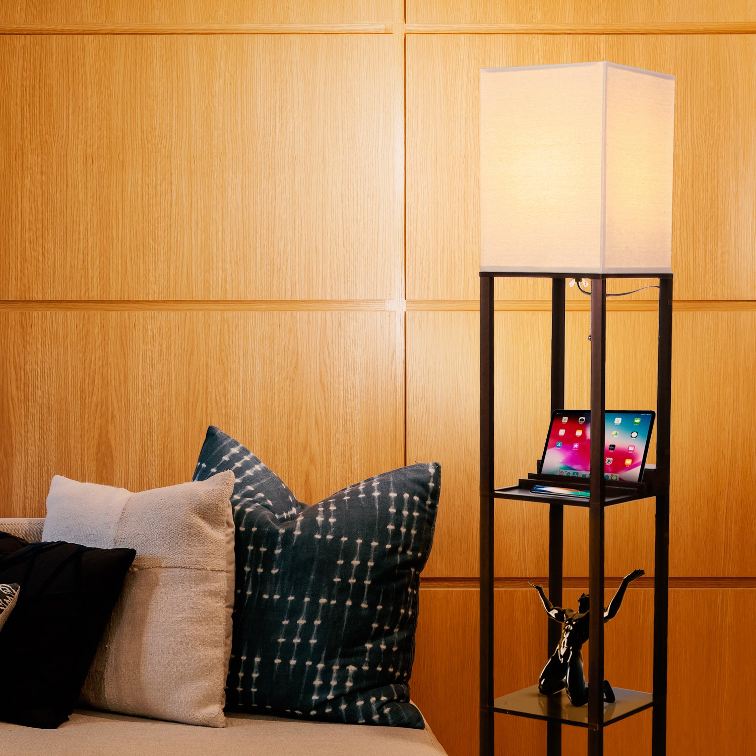 Brightech Maxwell Tower Floor Lamp with Shelves and USB Port, Brown (Used) - VMInnovations