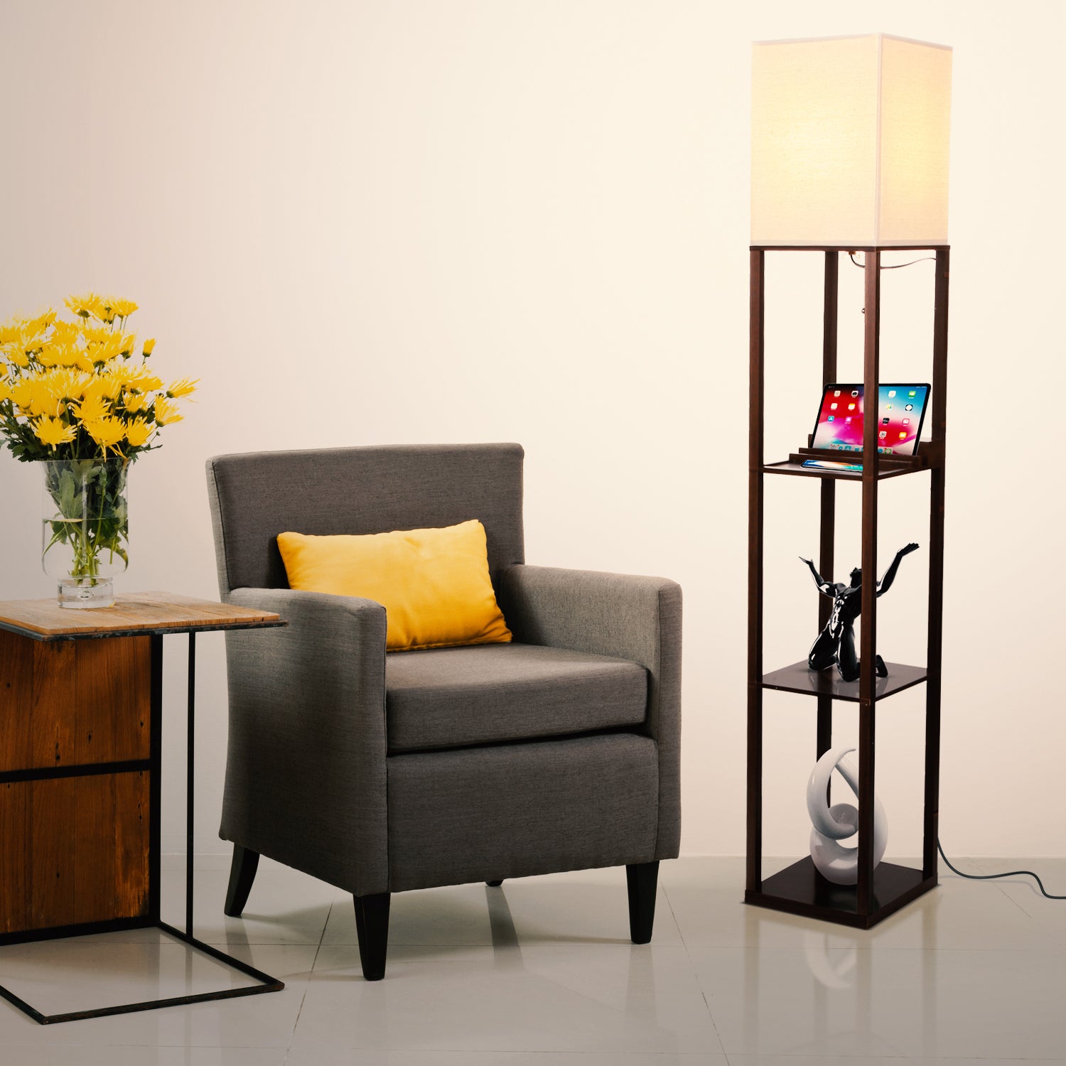 Brightech Maxwell Tower Floor Lamp with Shelves and USB Port, Brown (Used) - VMInnovations