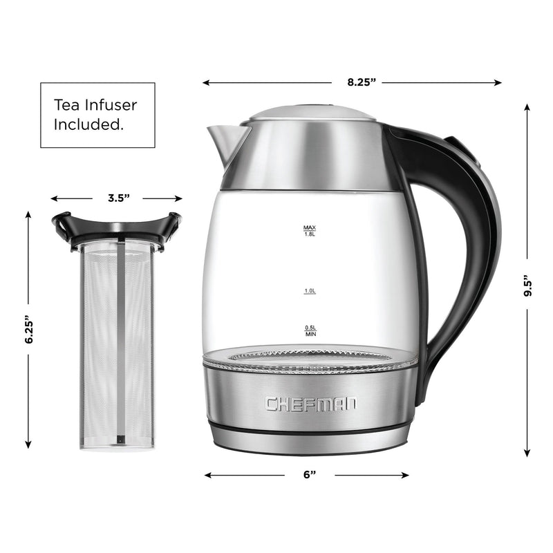 Chefman 1.8 Liter Glass Electric Tea Kettle with Removable Tea Infuser (Used)