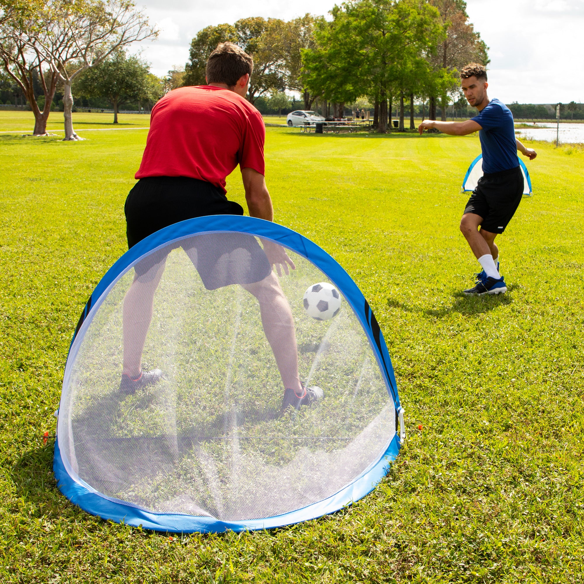 Training Equipment Pair of 4 Foot Pop Up Soccer Goals with Disc Cones, Blue