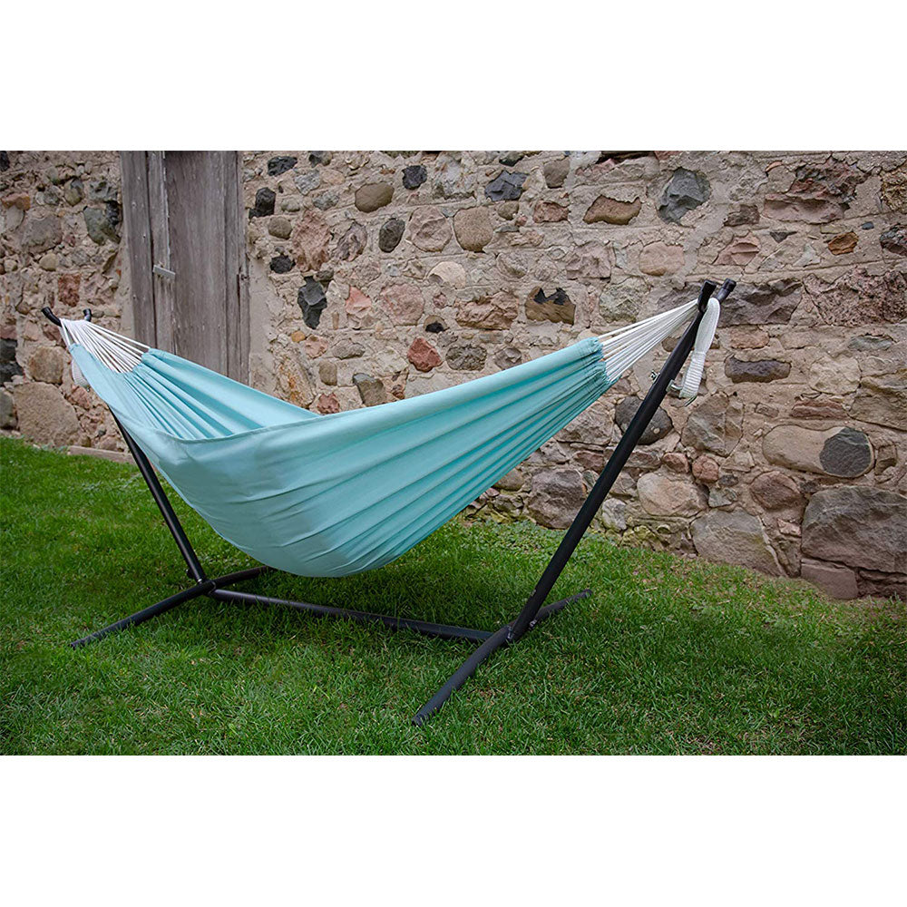 Vivere Double Polyester All Weather Hammock, Steel Stand Frame, Aqua (Open Box)