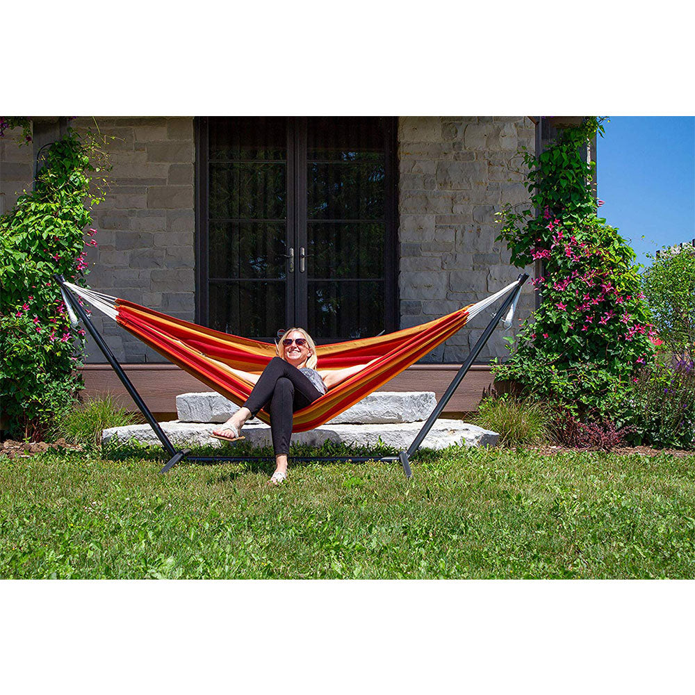 Vivere Brazilian Style Sunbrella Double Hammock with Steel Stand Combo, Sunset - VMInnovations