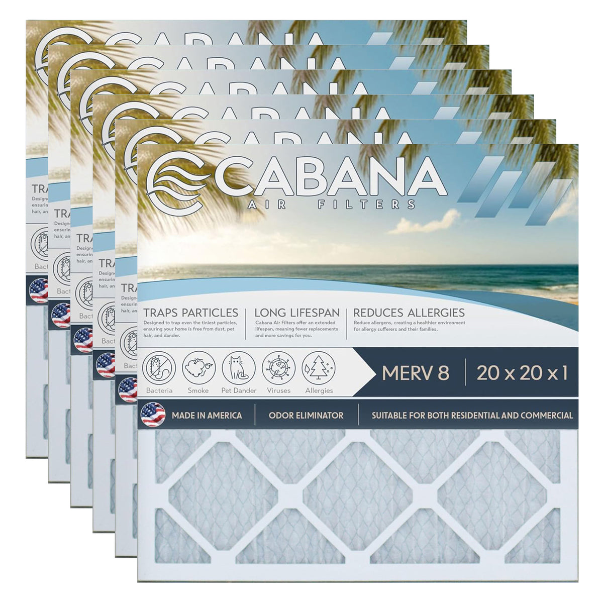 Cabana Air Filters 6 Pack HVAC Furnace Air Filters, MERV 8, 20 x 20 x 1, White