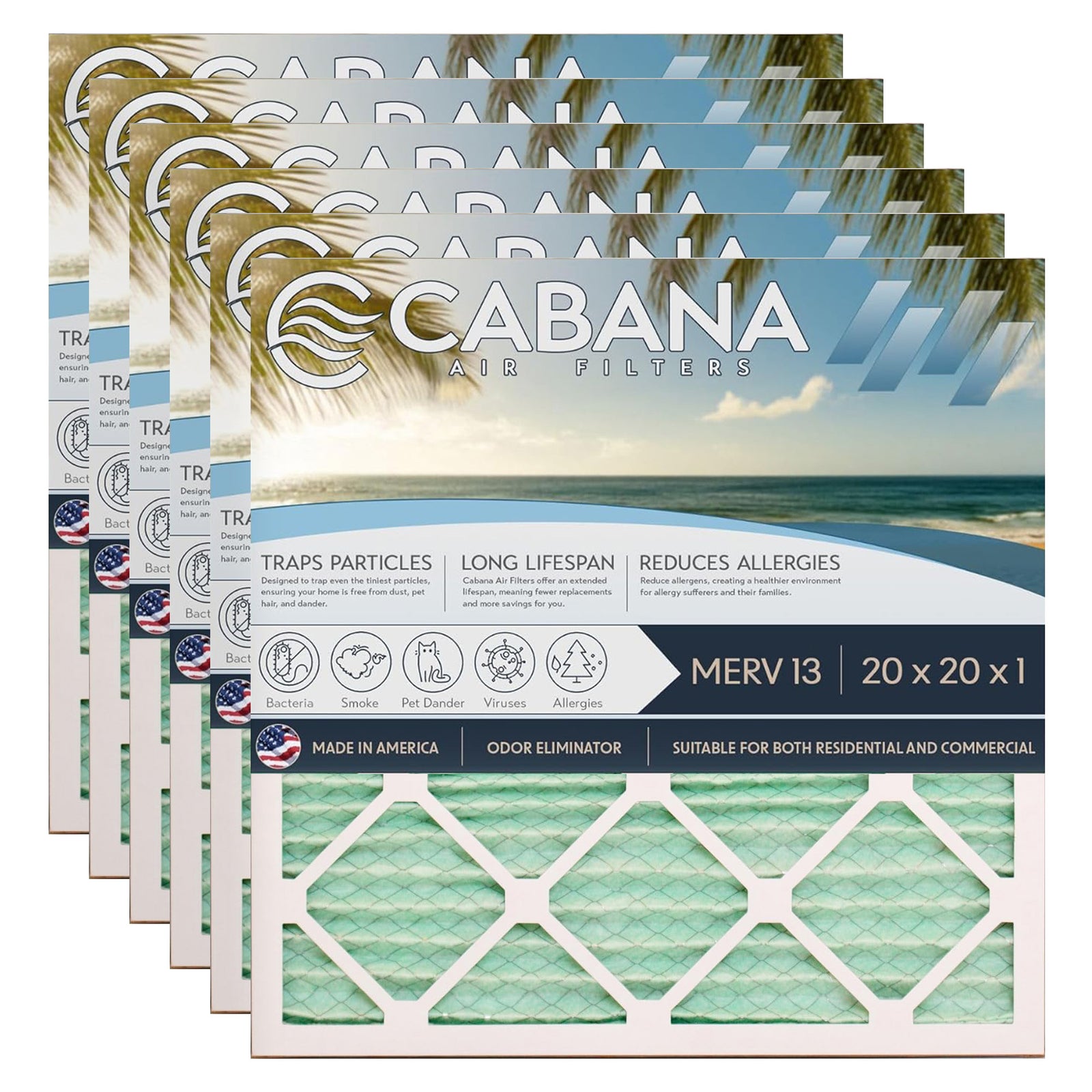Cabana Air Filters 6 Pack HVAC Furnace Air Filters, MERV 13, 20 x 20 x 1, White - VMInnovations