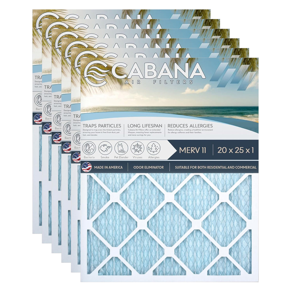 Cabana Air Filters 6 Pack HVAC Furnace Air Filters, MERV 11, 20 x 25 x 1, White - VMInnovations