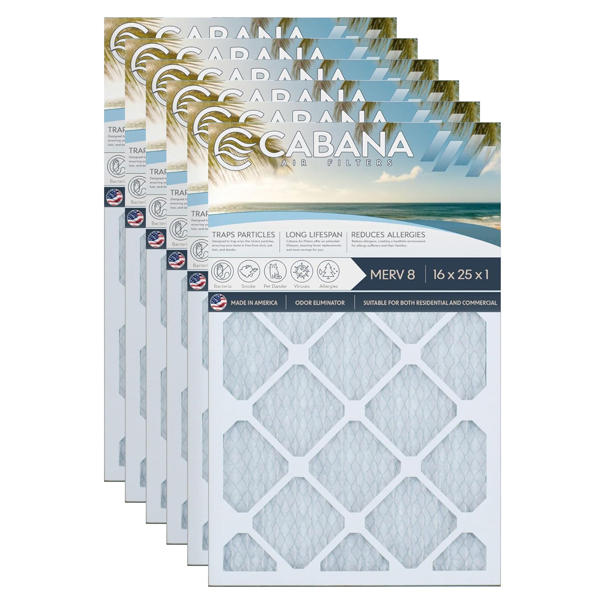 Cabana Air Filters 6pk HVAC Furnace Air Filters, MERV 8, 16 x 25 x 1 (Open Box)