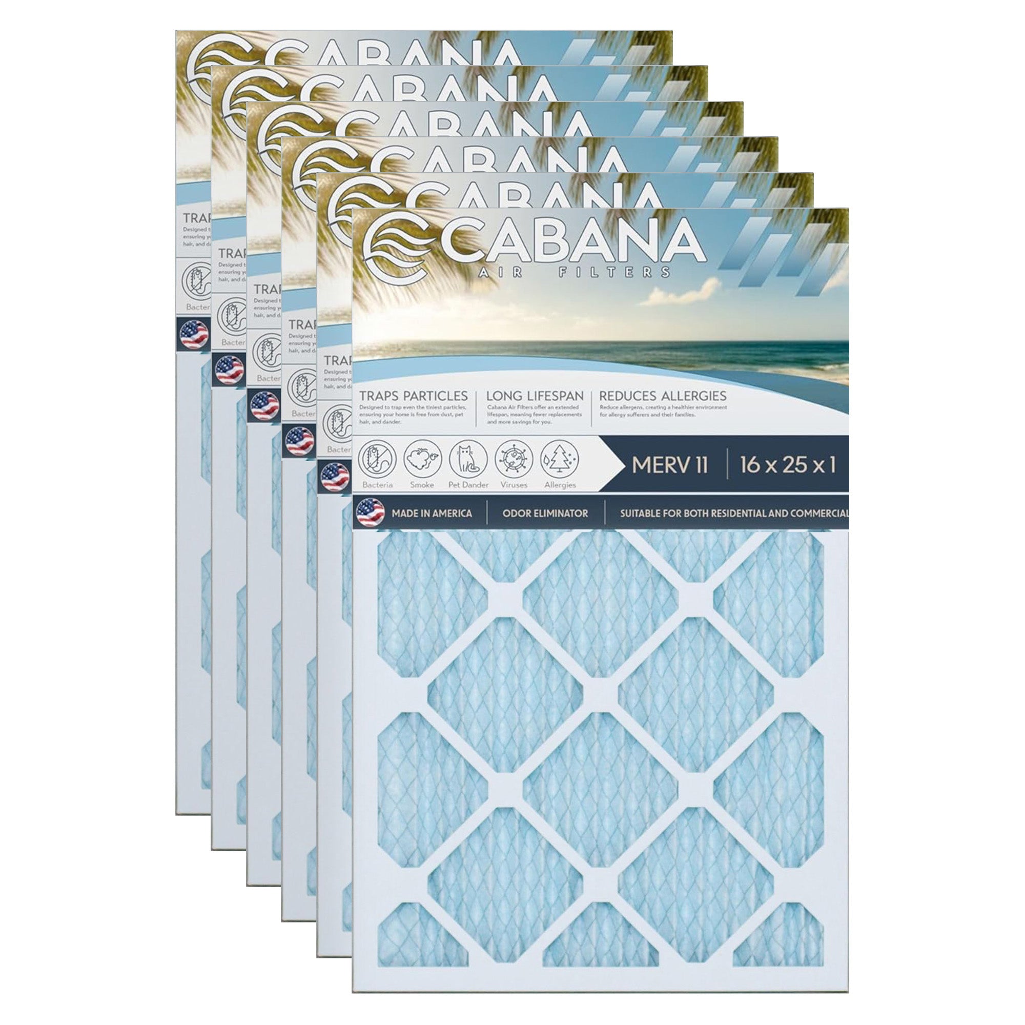 Cabana Air Filters 6pk HVAC Furnace Air Filters, MERV 11, 16 x 25 x 1 (Open Box) - VMInnovations