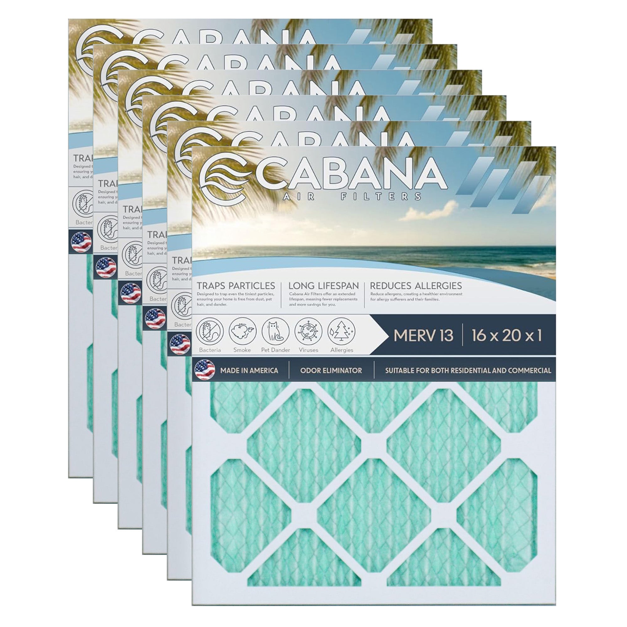 Cabana Air Filters 6 Pack HVAC Furnace Air Filters, MERV 13, 16x20x1 (Open Box)