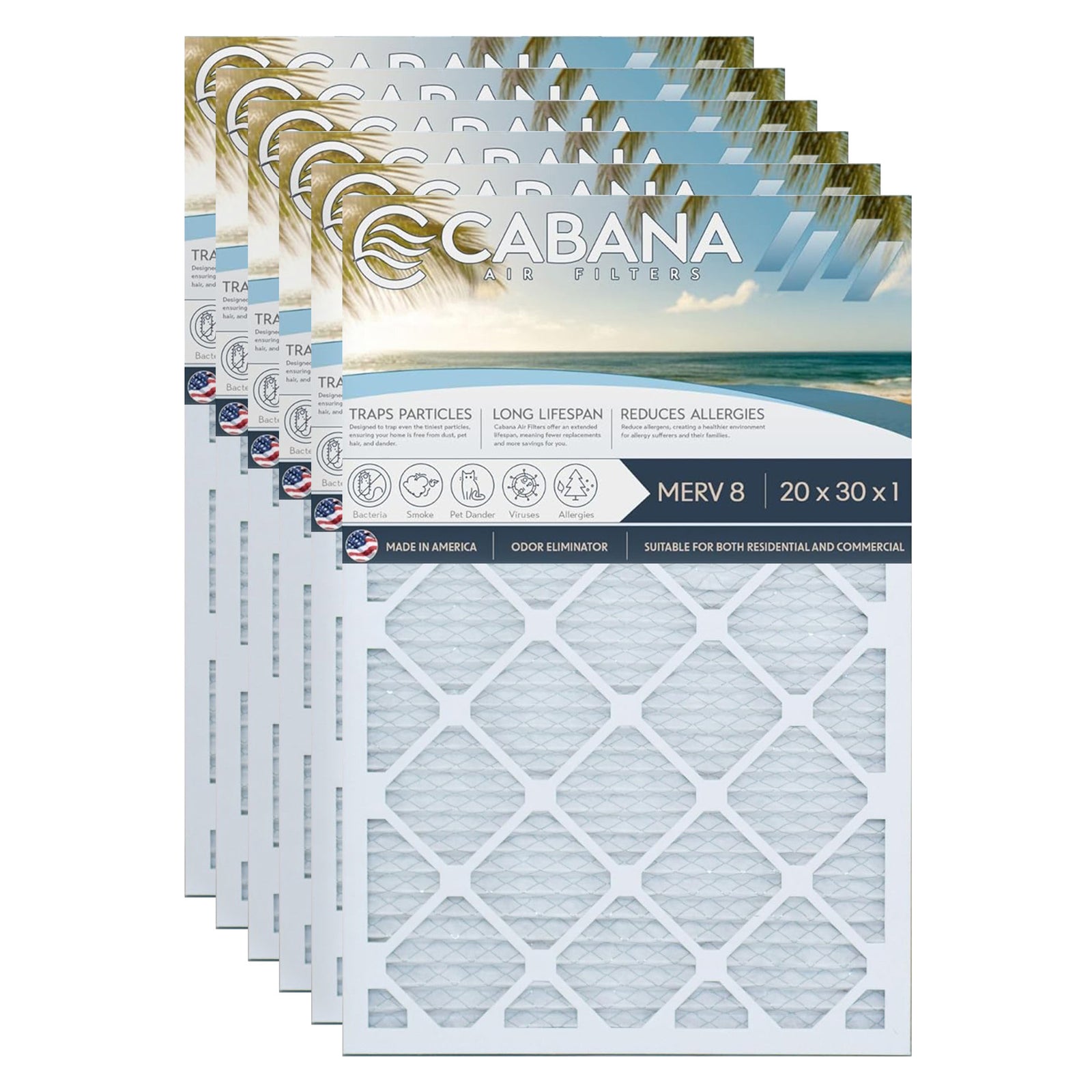 Cabana Air Filters 6 Pack HVAC Furnace Air Filters, MERV 8, 20 x 30 x 1, White - VMInnovations