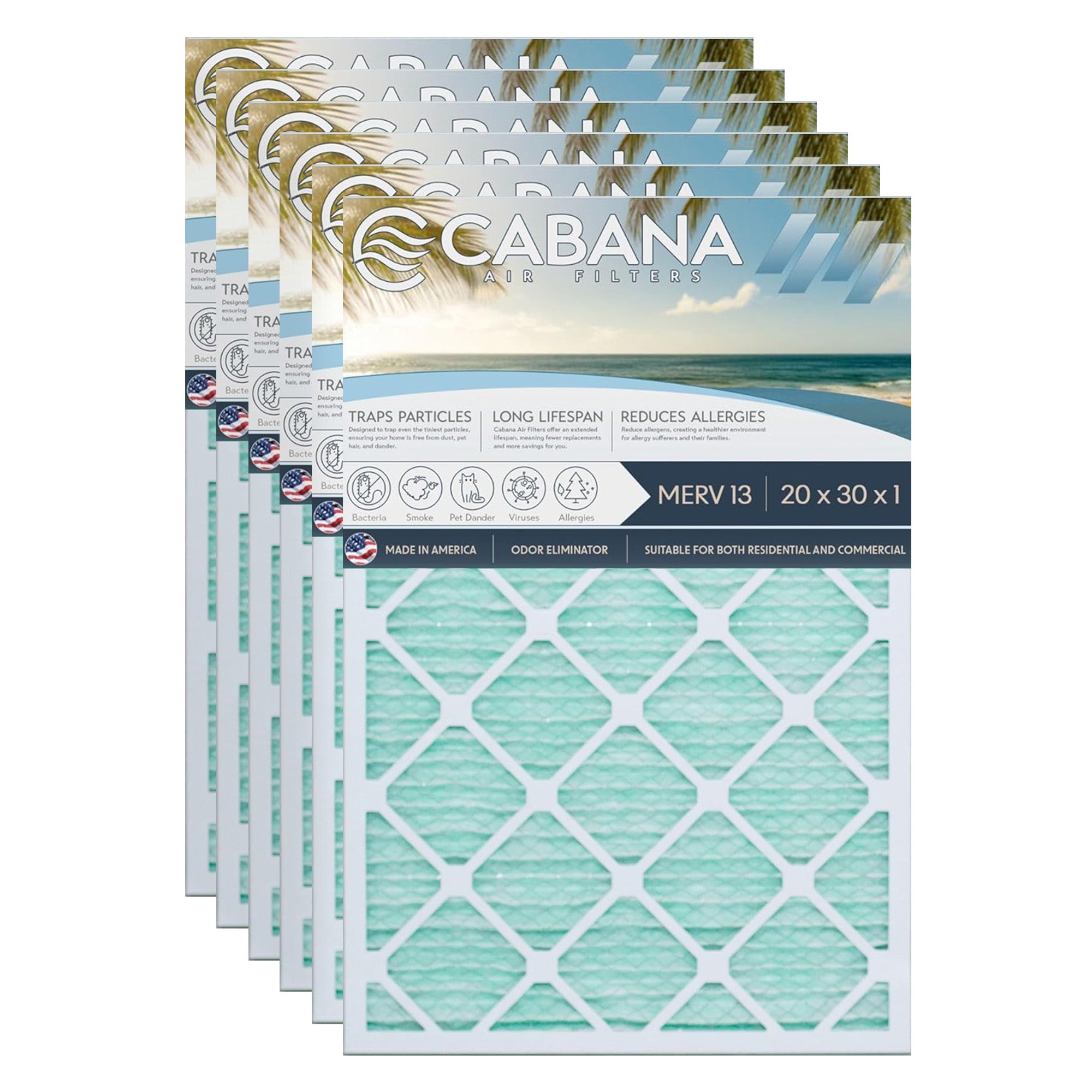 Cabana Air Filters 6pk HVAC Furnace Air Filters, MERV 13, 20 x 30 x 1 (Open Box)