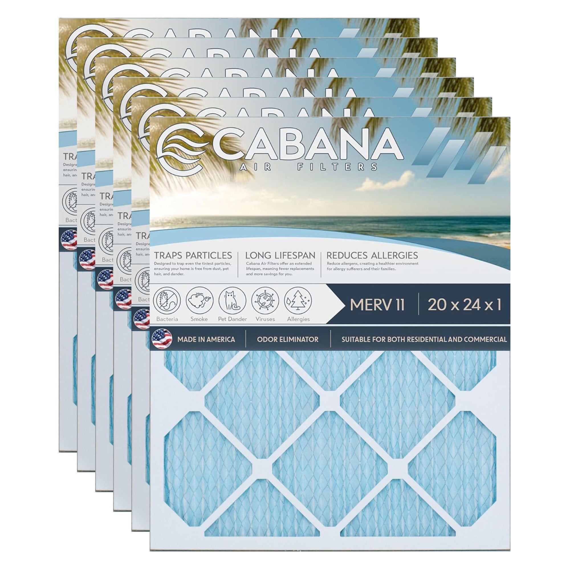 Cabana Air Filters 6 Pack HVAC Furnace Air Filters, MERV 11, 20 x 24 x 1, White
