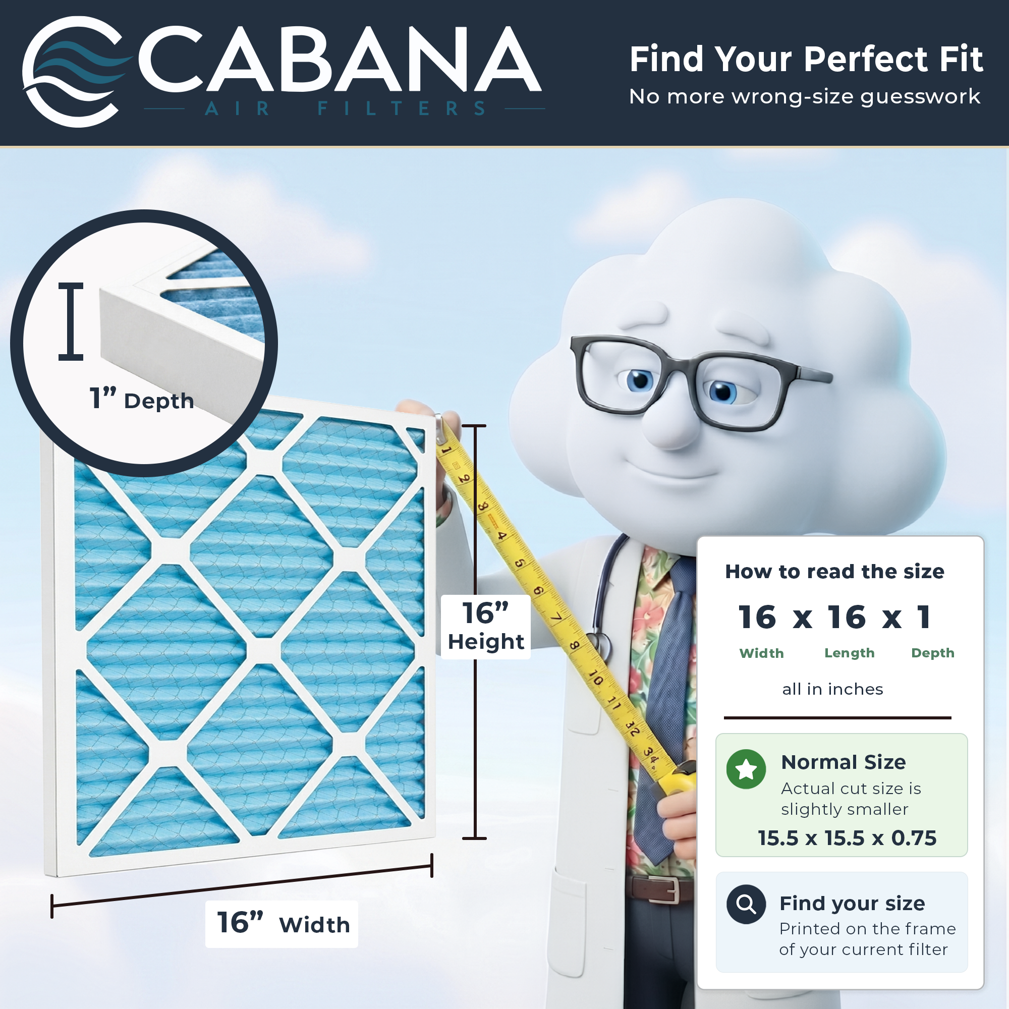 Cabana Air Filters 6 Pack HVAC Furnace Air Filters, MERV 11, 16 x 16 x 1, White