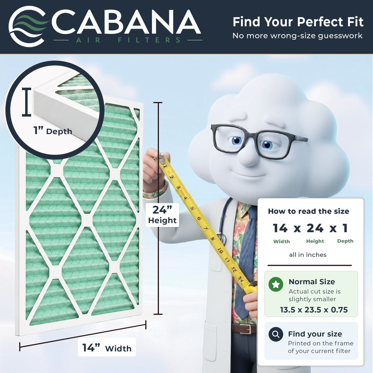 Cabana Air Filters 6 Pack HVAC Furnace Air Filters, MERV 13, 14 x 24 x 1, White