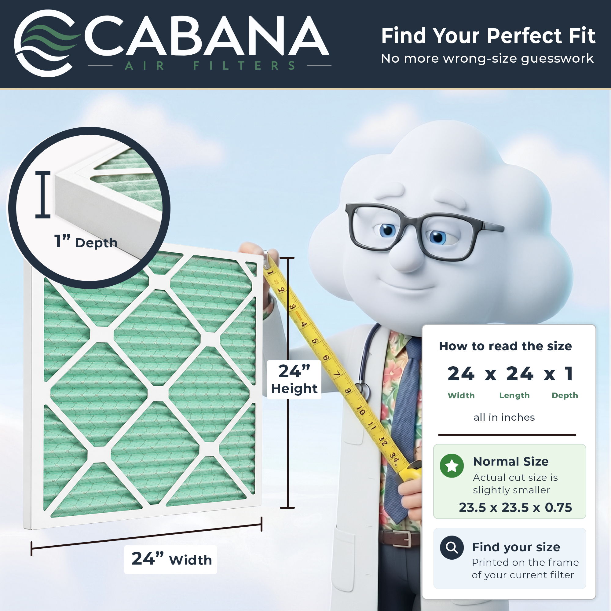Cabana Air Filters 6 Pack HVAC Furnace Air Filters, MERV 13, 24 x 24 x 1, White - VMInnovations