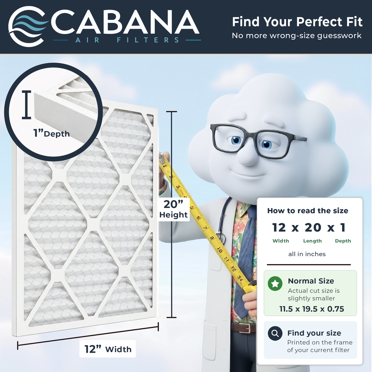 Cabana Air Filters 6 Pack HVAC Furnace Air Filters, MERV 8, 12 x 20 x 1, White
