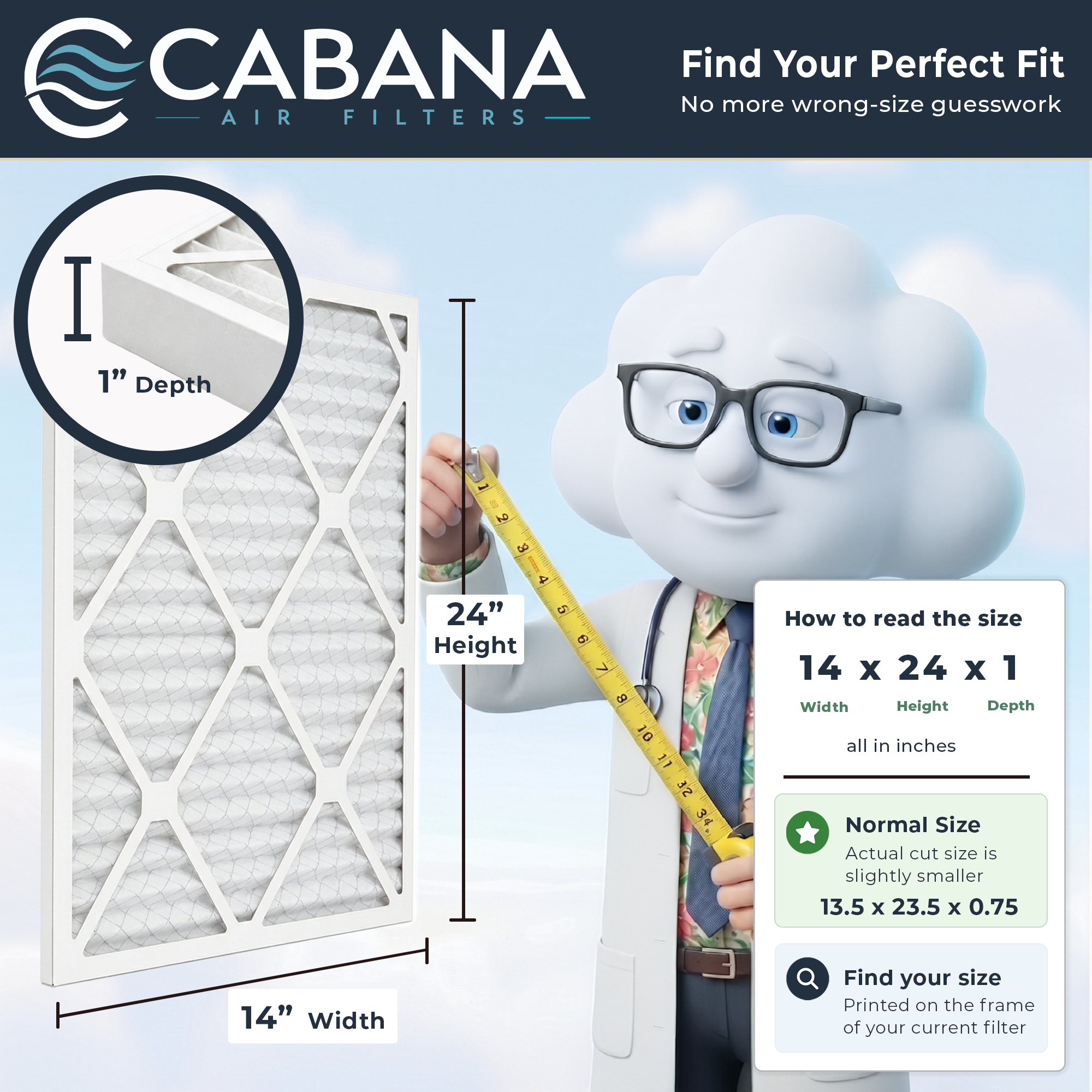 Cabana Air Filters 6 Pack HVAC Furnace Air Filters, MERV 8, 14 x 24 x 1, White - VMInnovations
