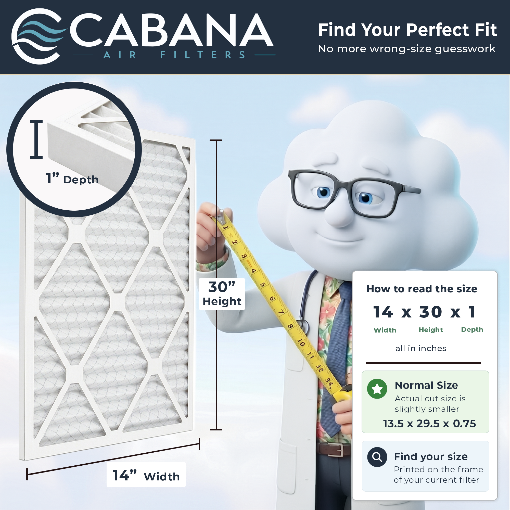 Cabana Air Filters 6 Pack HVAC Furnace Air Filters, MERV 8, 14 x 30 x 1, White
