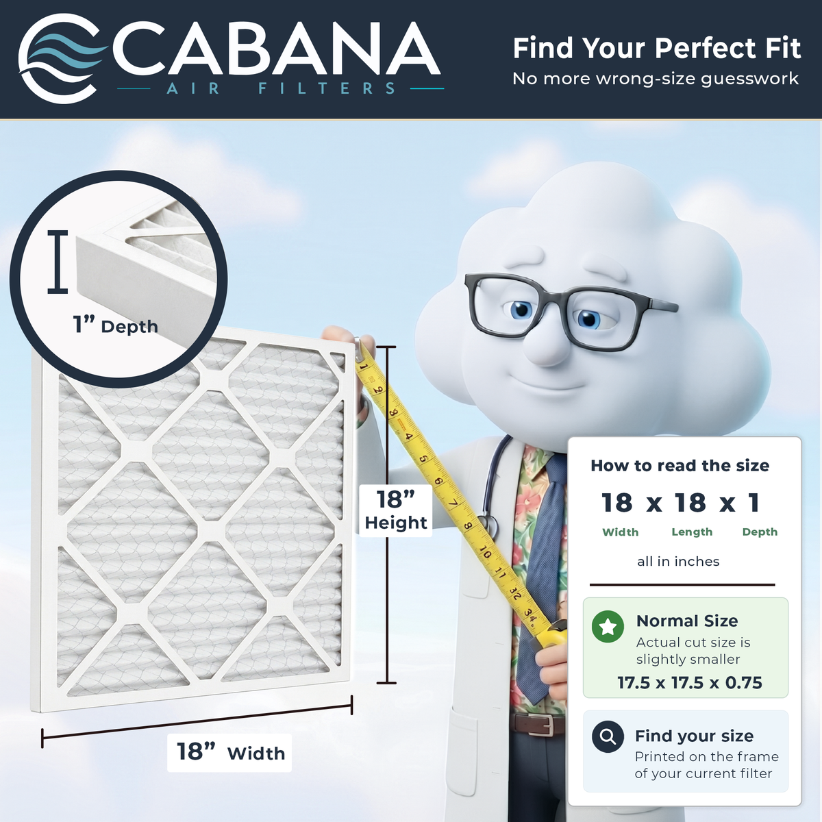 Cabana Air Filters 6 Pack HVAC Furnace Air Filters, MERV 8, 18 x 18 x 1, White