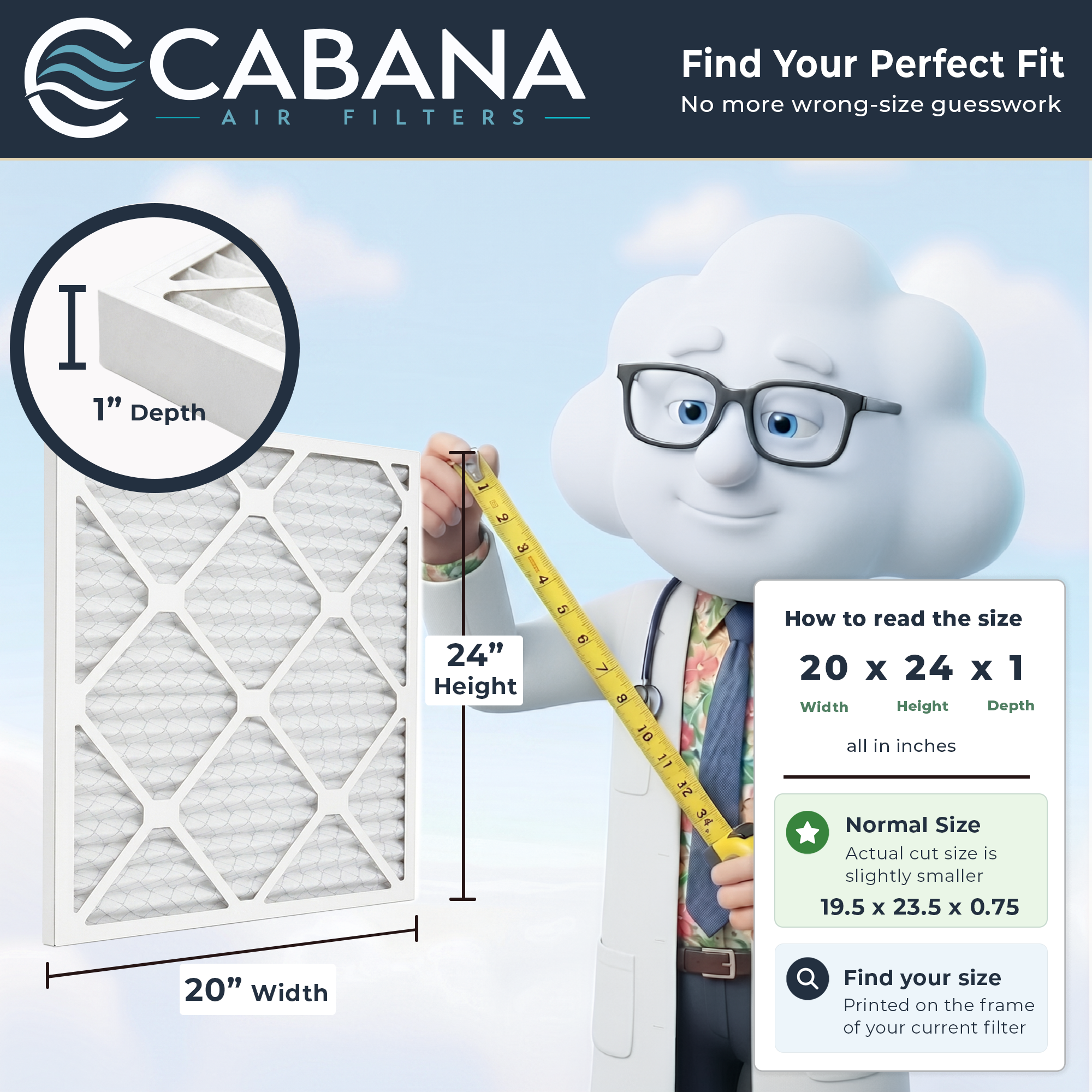 Cabana Air Filters 6 Pack HVAC Furnace Air Filters, MERV 8, 20 x 24 x 1, White