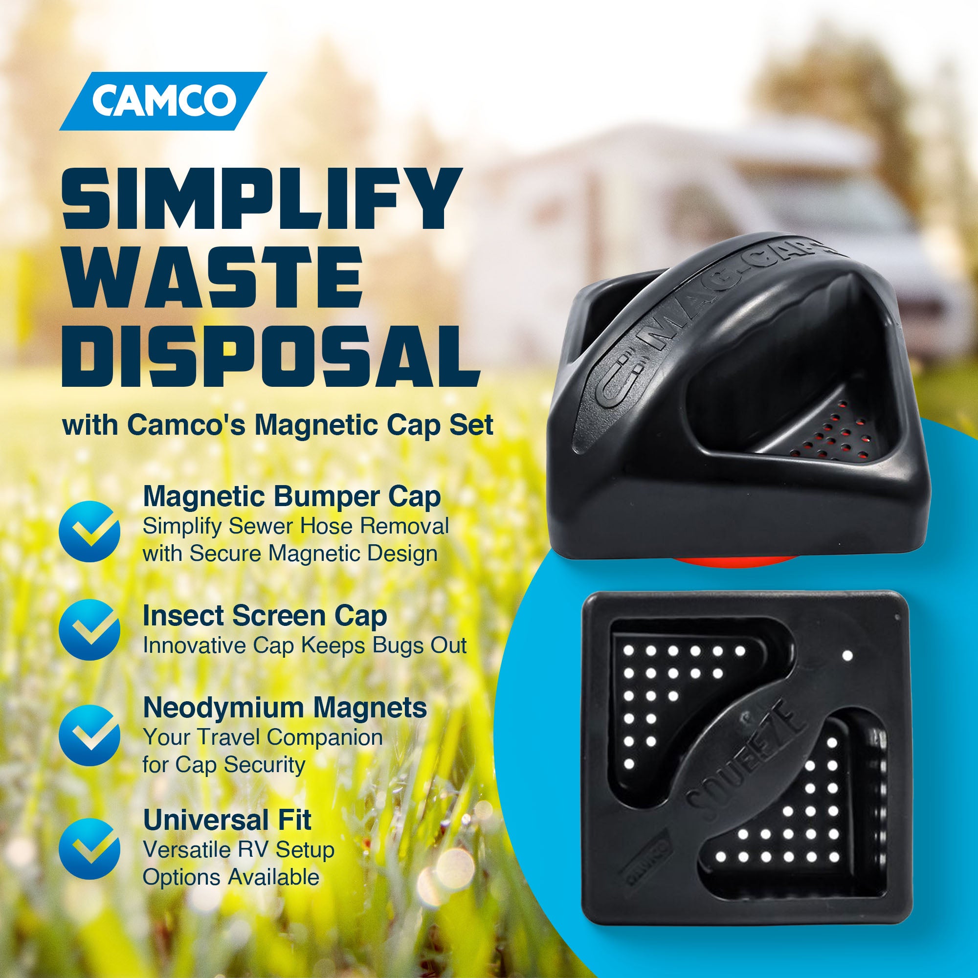 Camco 40310 Plastic Magnetic Vented RV Bumper Cap Set with Insect Screen, Black - VMInnovations