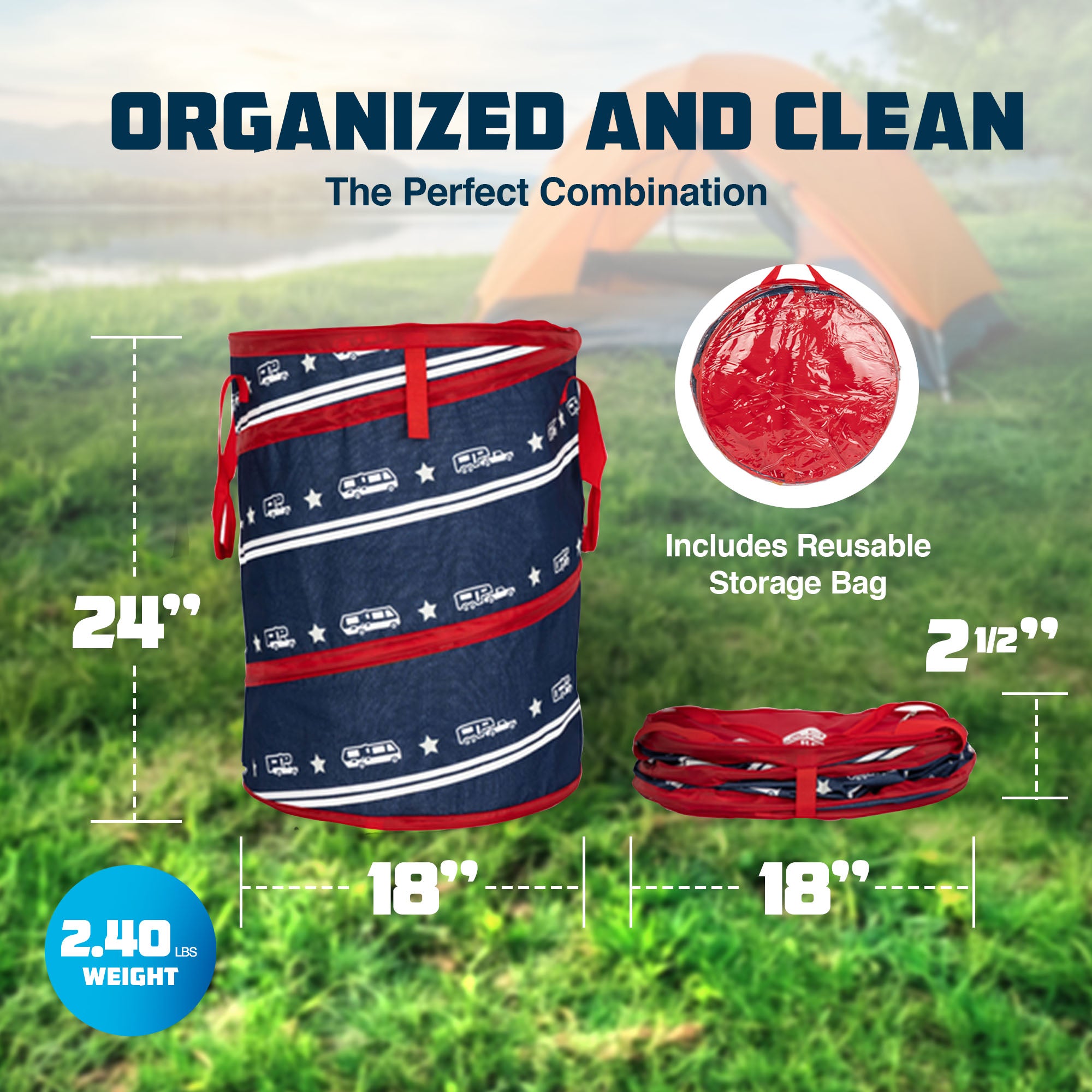 Camco Campsite Pop Up Utility Container with Liner and Zipper Close, Patriotic - VMInnovations