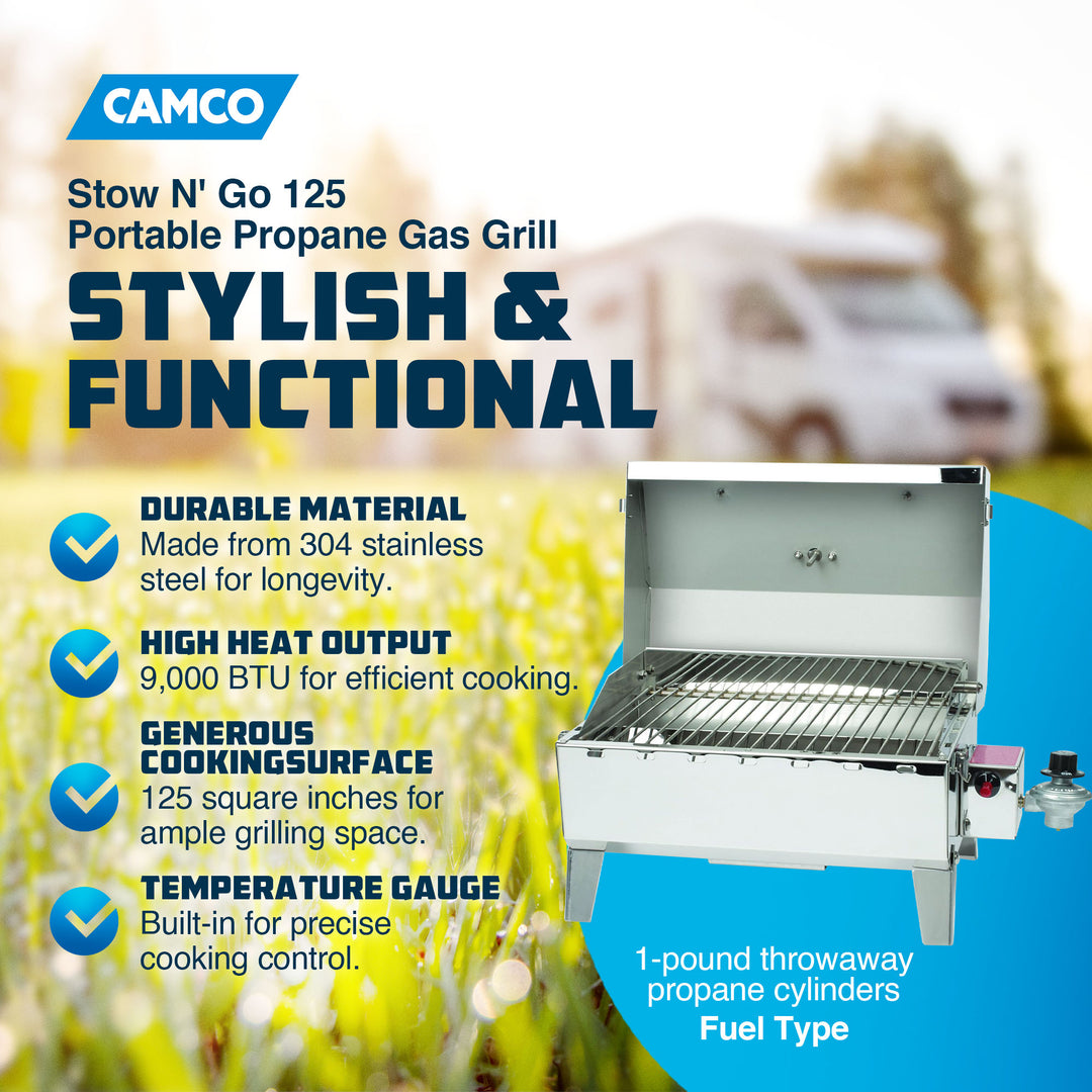 Camco  Grill-Stow N Go 125 Portable Propane Gas Grill with Temperature Gauge - VMInnovations