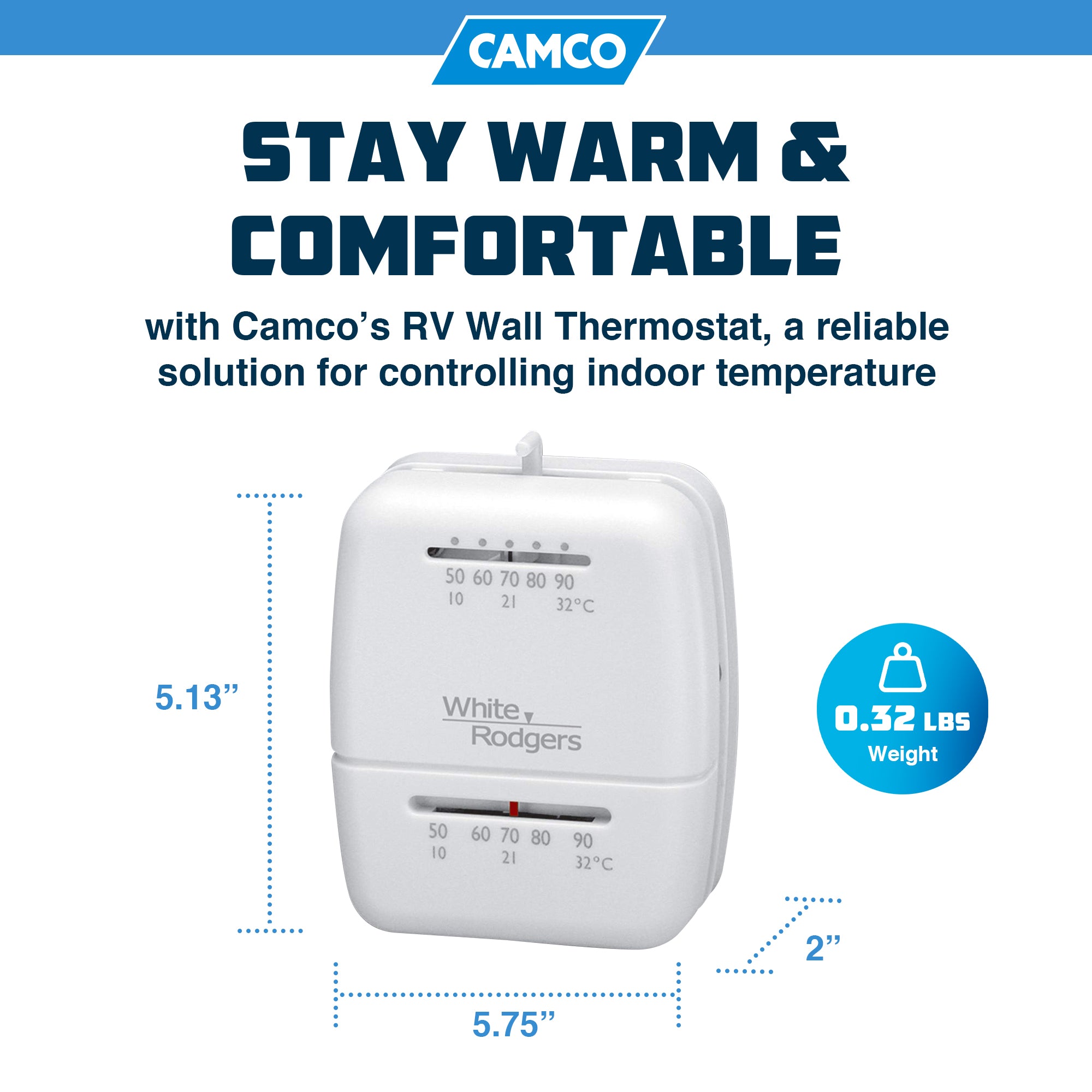 Camco RV Home Thermostat, Wall Mount, Control Temp, Heat Only, White (Open Box)