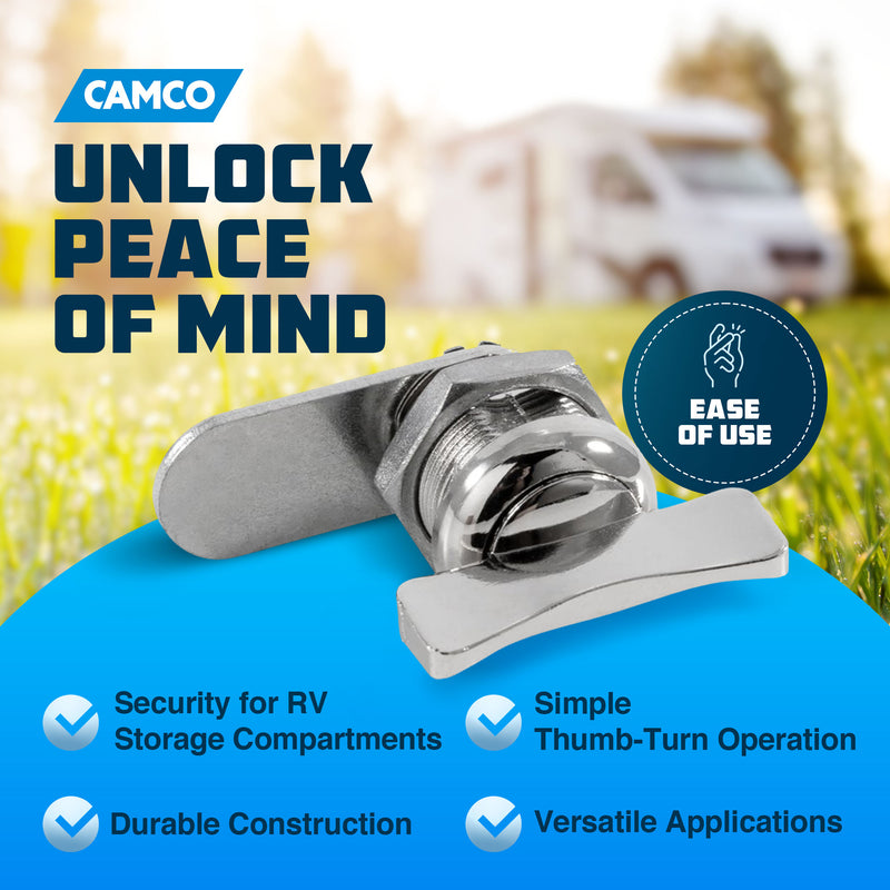 Camco 44333 Steel RV Thumb Operated Offset Cam Lock, Fits up to 5/8 Inches Thick