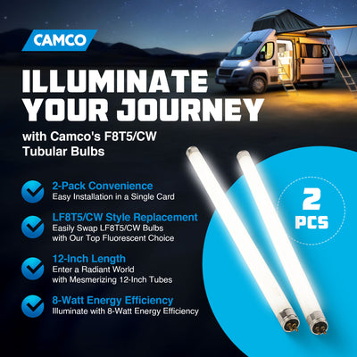 Camco 54880 F8T5/CW Fluorescent 8 Watt 350 Lumen 12 Inch Tubular Bulbs, 2 Pack