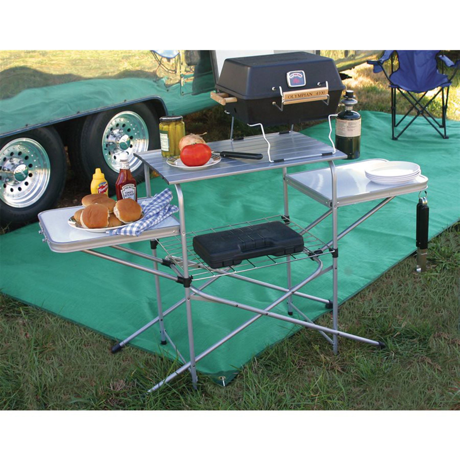 Camco Deluxe Folding Steel Grill Table with Side Tables, Hooks, Case (Open Box) - VMInnovations