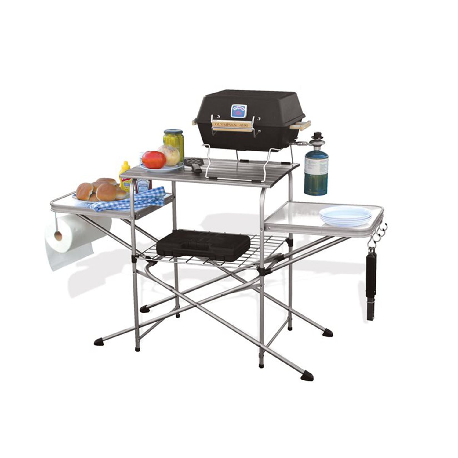 Camco Deluxe Folding Steel Grill Table with Side Tables, Hooks, Case (Open Box) - VMInnovations
