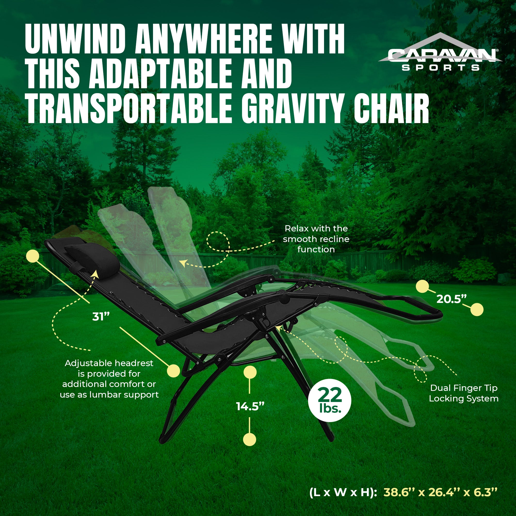 Caravan Sports Zero Gravity Outdoor Folding Patio Lounge Chair, Black (Pair) - VMInnovations