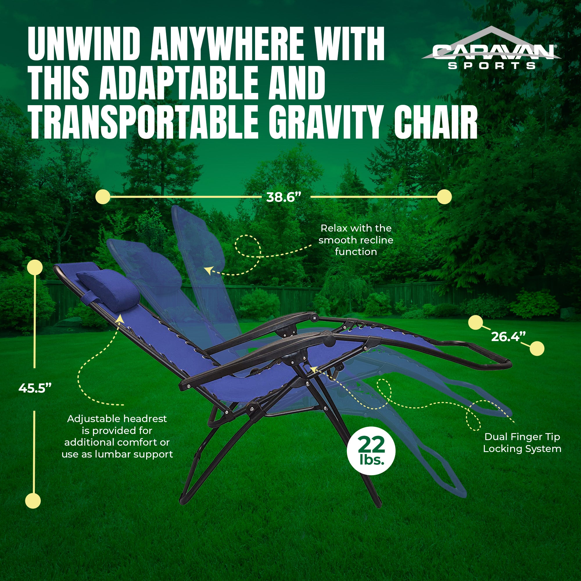 Caravan Sports Zero Gravity Outdoor Folding Camping Patio Lounge Chair, Blue - VMInnovations