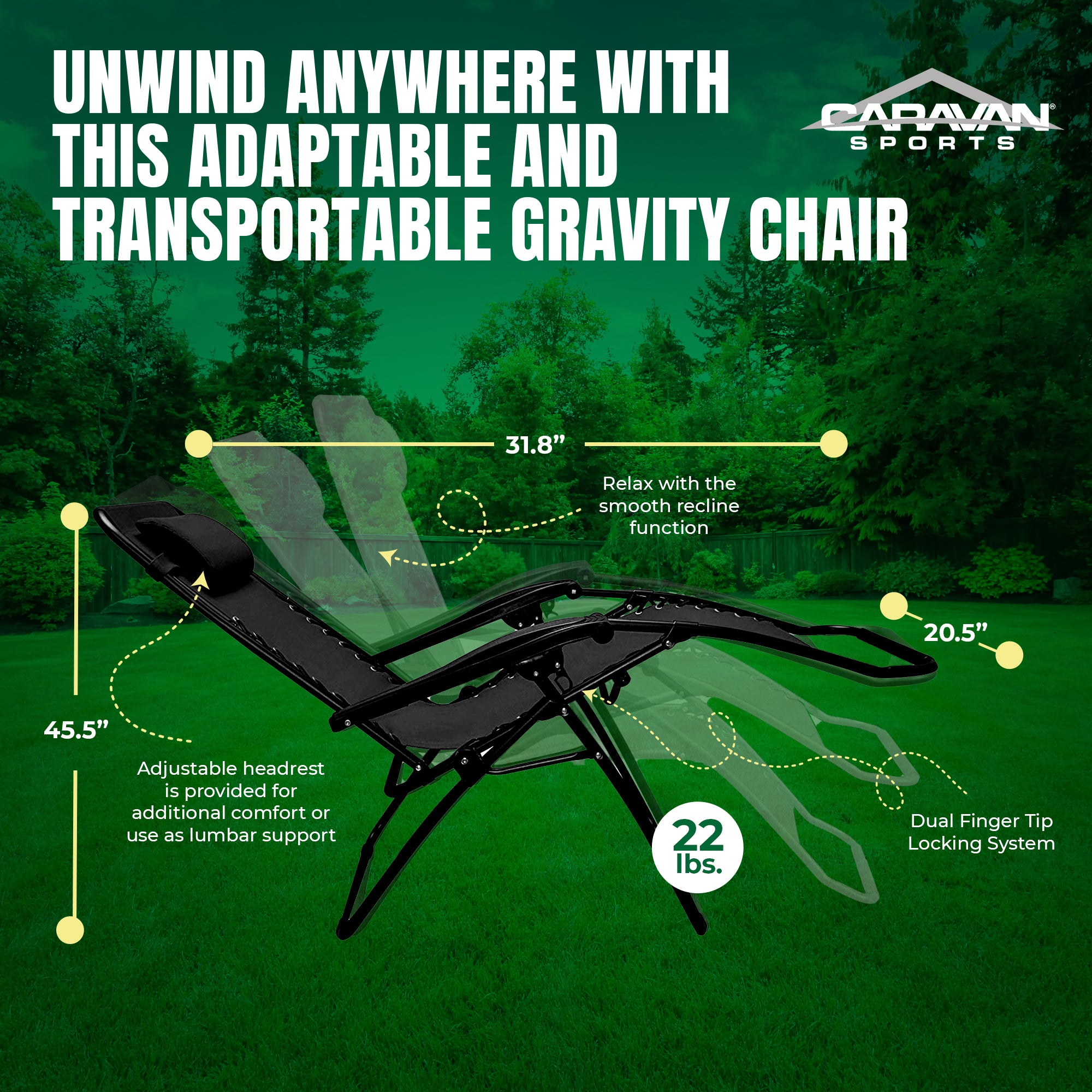 Caravan Sports Zero Gravity Outdoor Folding Camping Patio Lounge Chair, Black - VMInnovations