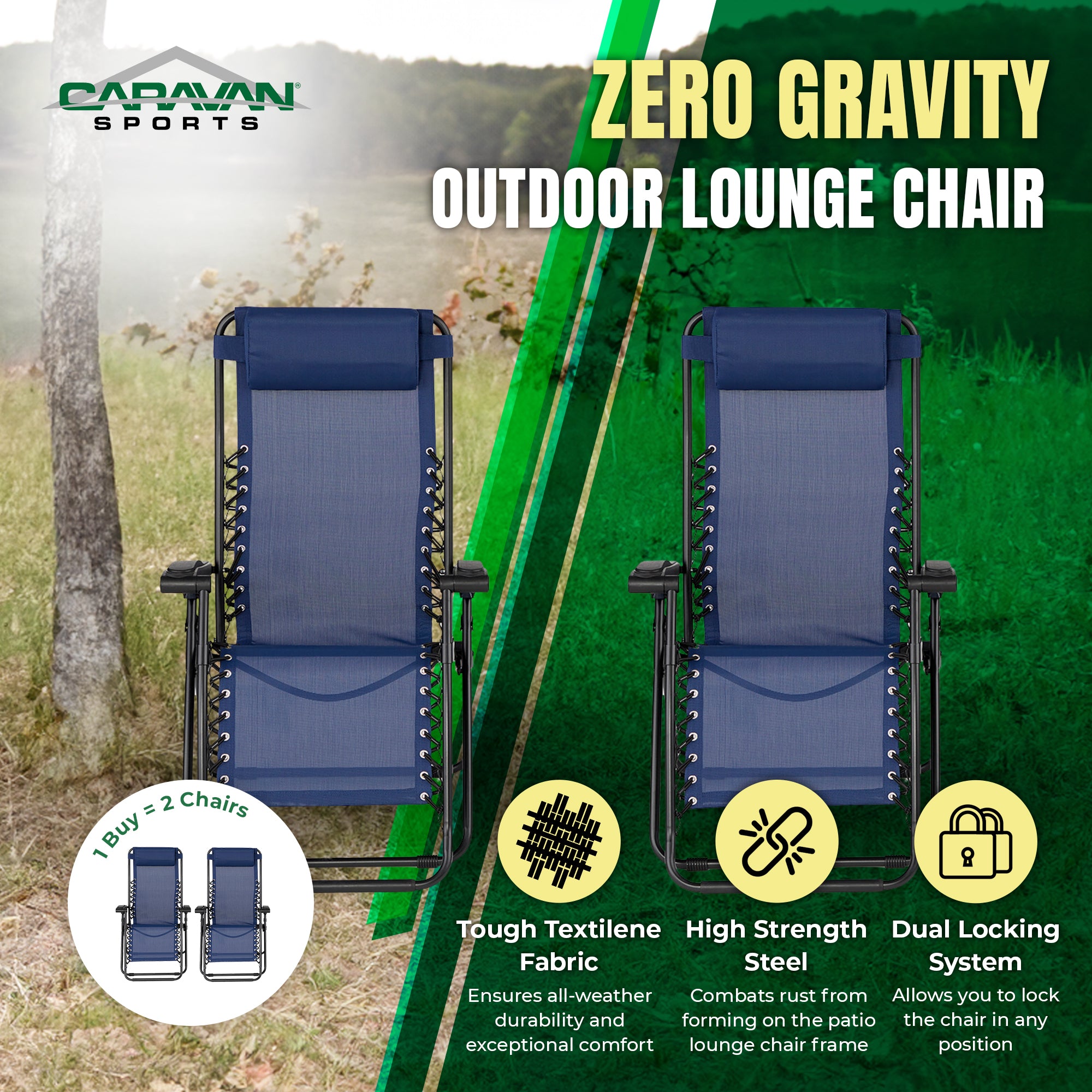 Caravan Canopy Infinity Zero Gravity Patio Chairs (2), Blue (Open Box) - VMInnovations