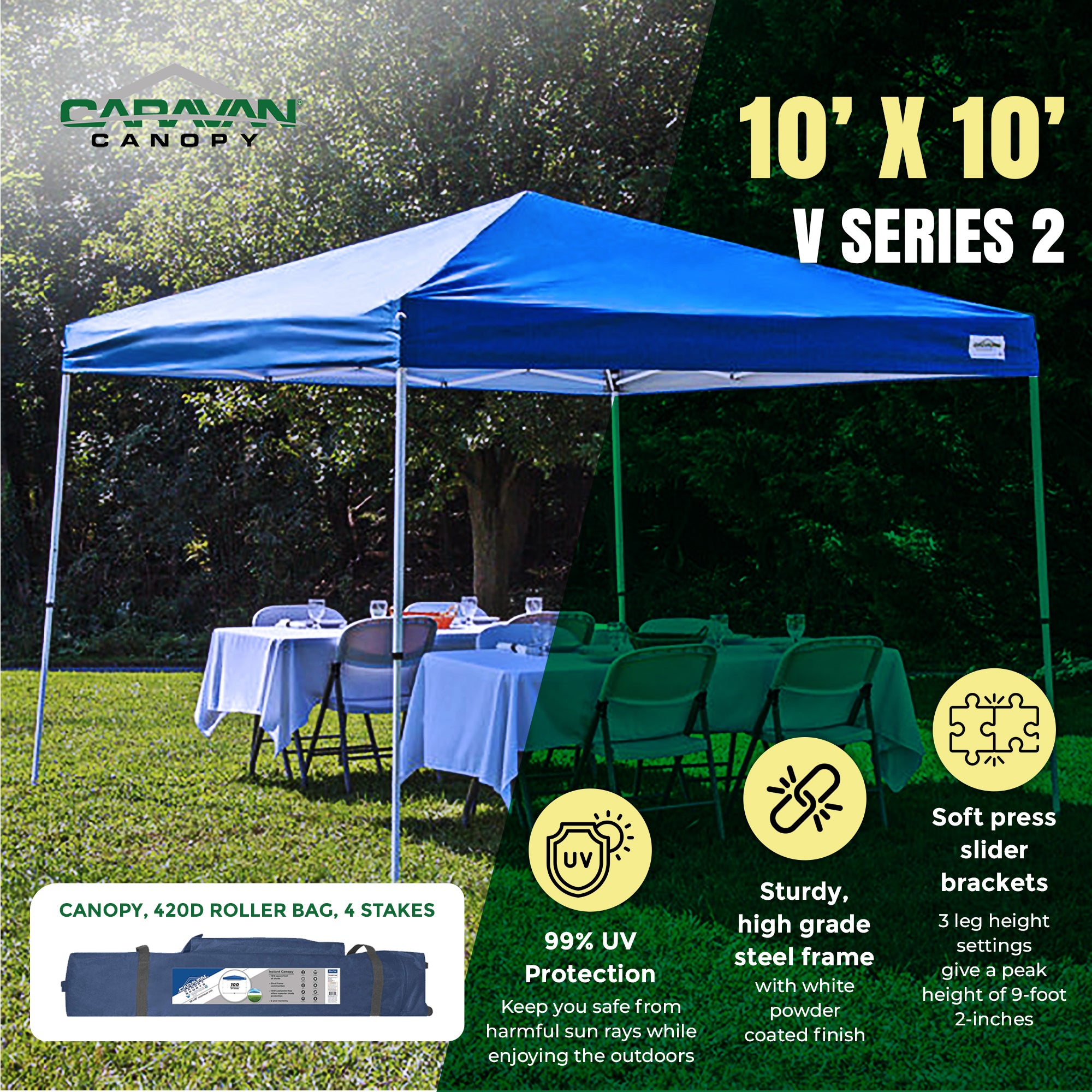 Caravan Canopy V Series 2 10' x 10' Entry Level Angled Leg Instant Canopy, Blue - VMInnovations
