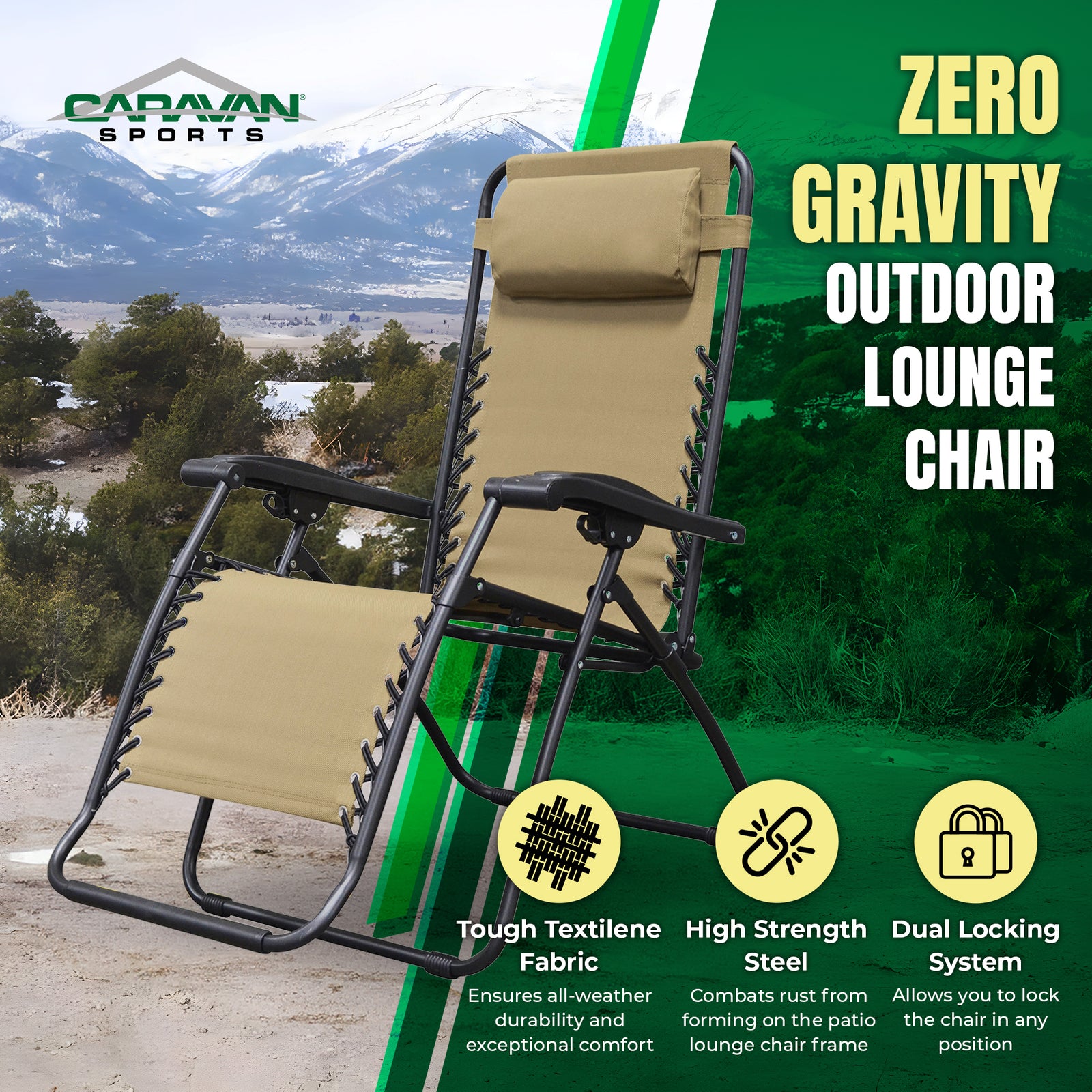 Caravan Sports Zero Gravity Outdoor Folding Camping Patio Lounge Chair, Beige - VMInnovations