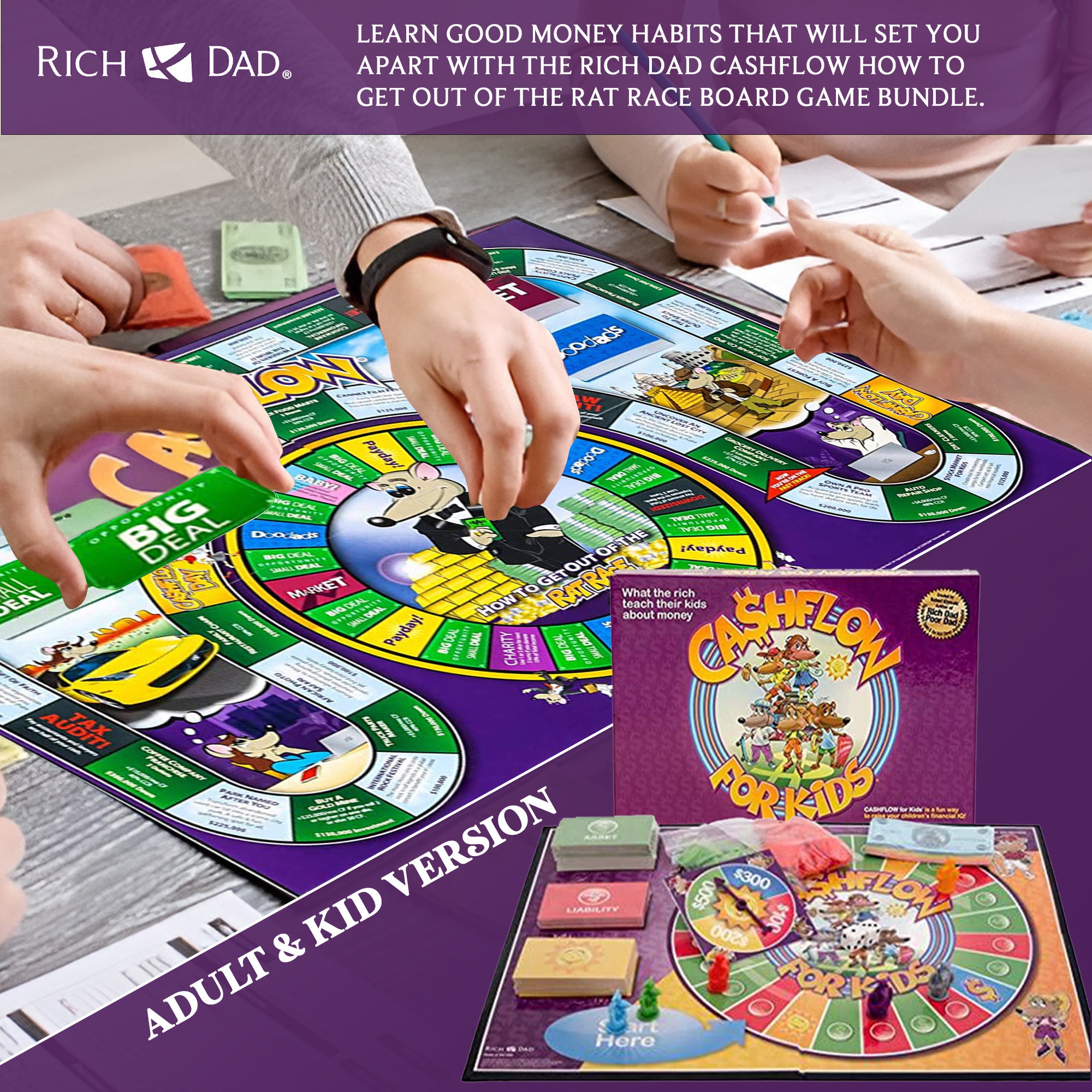 Rich Dad CASHFLOW How To Get Out Of The Rat Race Board Game, Adult & Kid Version - VMInnovations