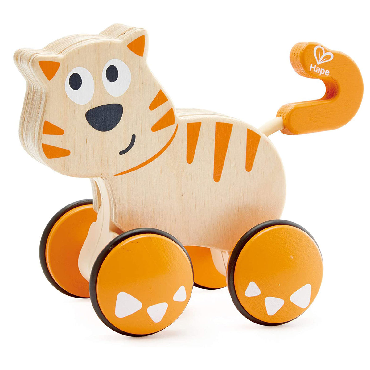 Hape Wooden Dante Push, Release and Go Cat Toddler Toy with Wheels