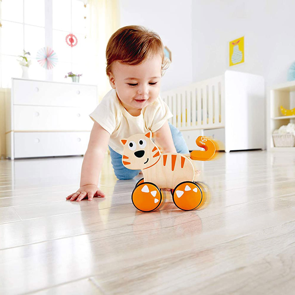 Hape Wooden Dante Push, Release and Go Cat Toddler Toy with Wheels