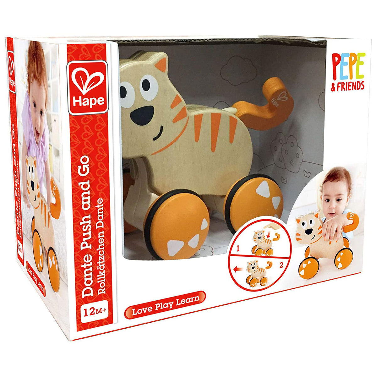 Hape Wooden Dante Push, Release and Go Cat Toddler Toy with Wheels