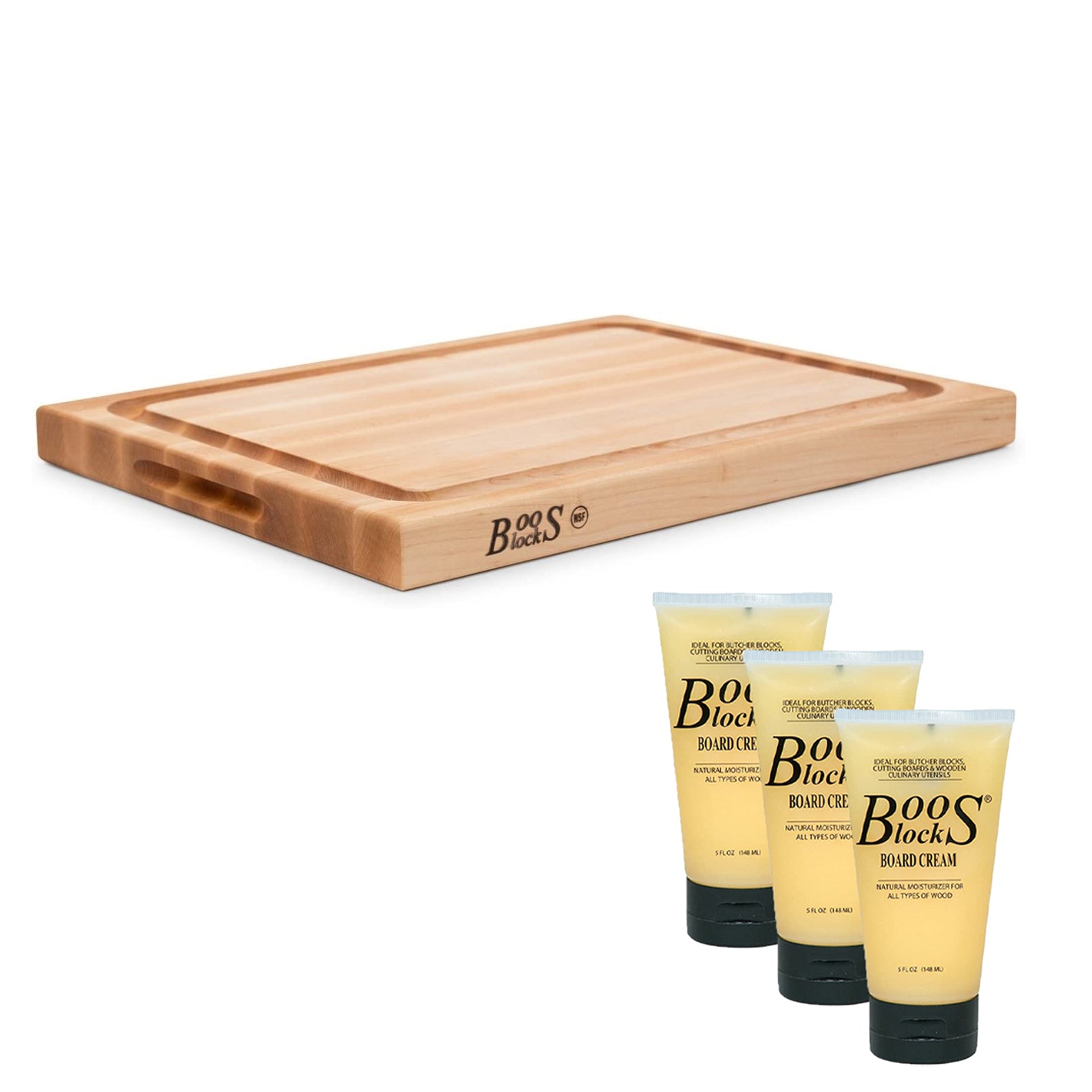 John Boos Block 15 Inch Cutting Board Bundle w/ Natural Moisture Cream (3 Pack)