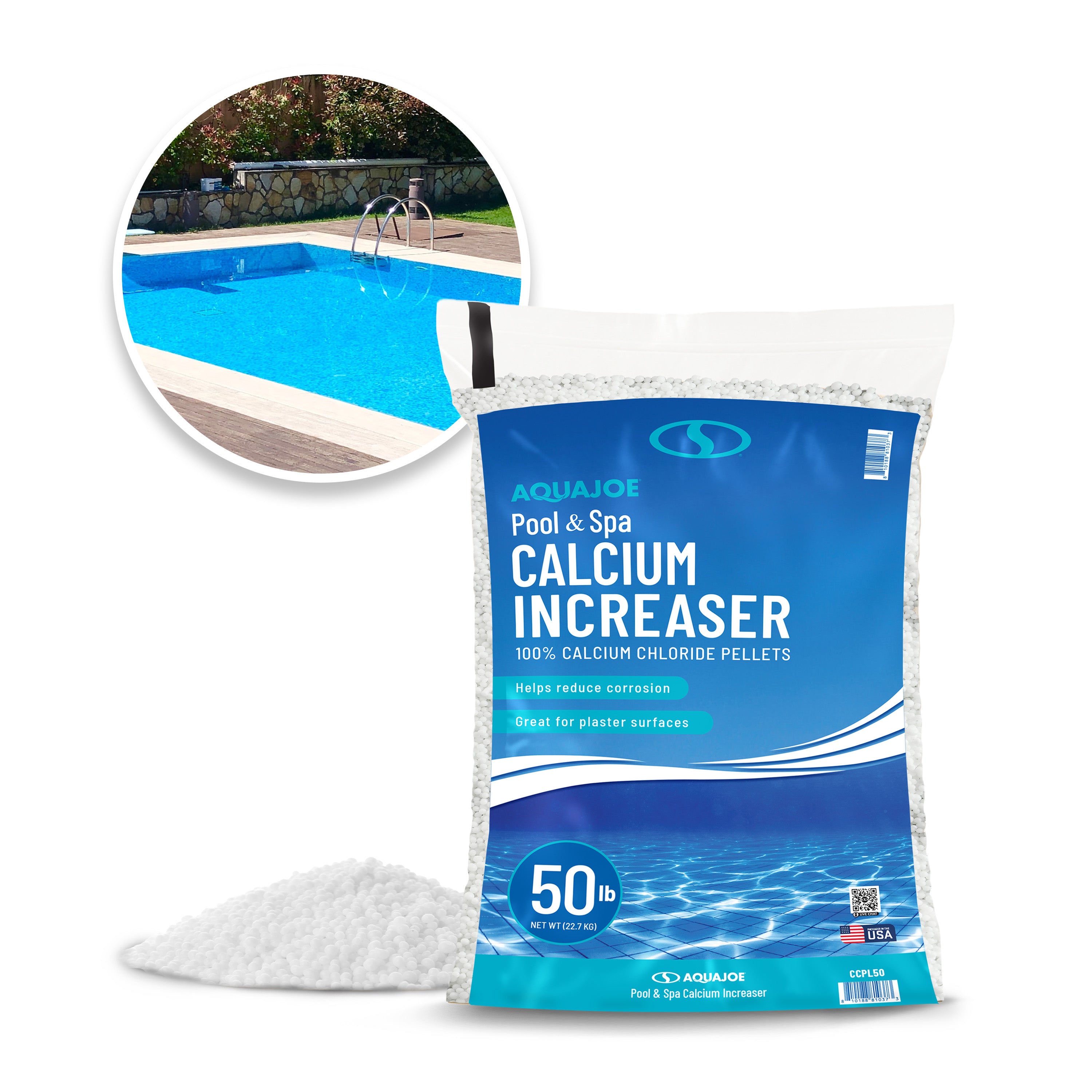 Aqua Joe Pool & Spa Calcium Chloride Pellets, 50 lb Bag – Calcium Hardness Increaser for Above & In-Ground Pools + Fast-Acting Ice Melt, CCPL50