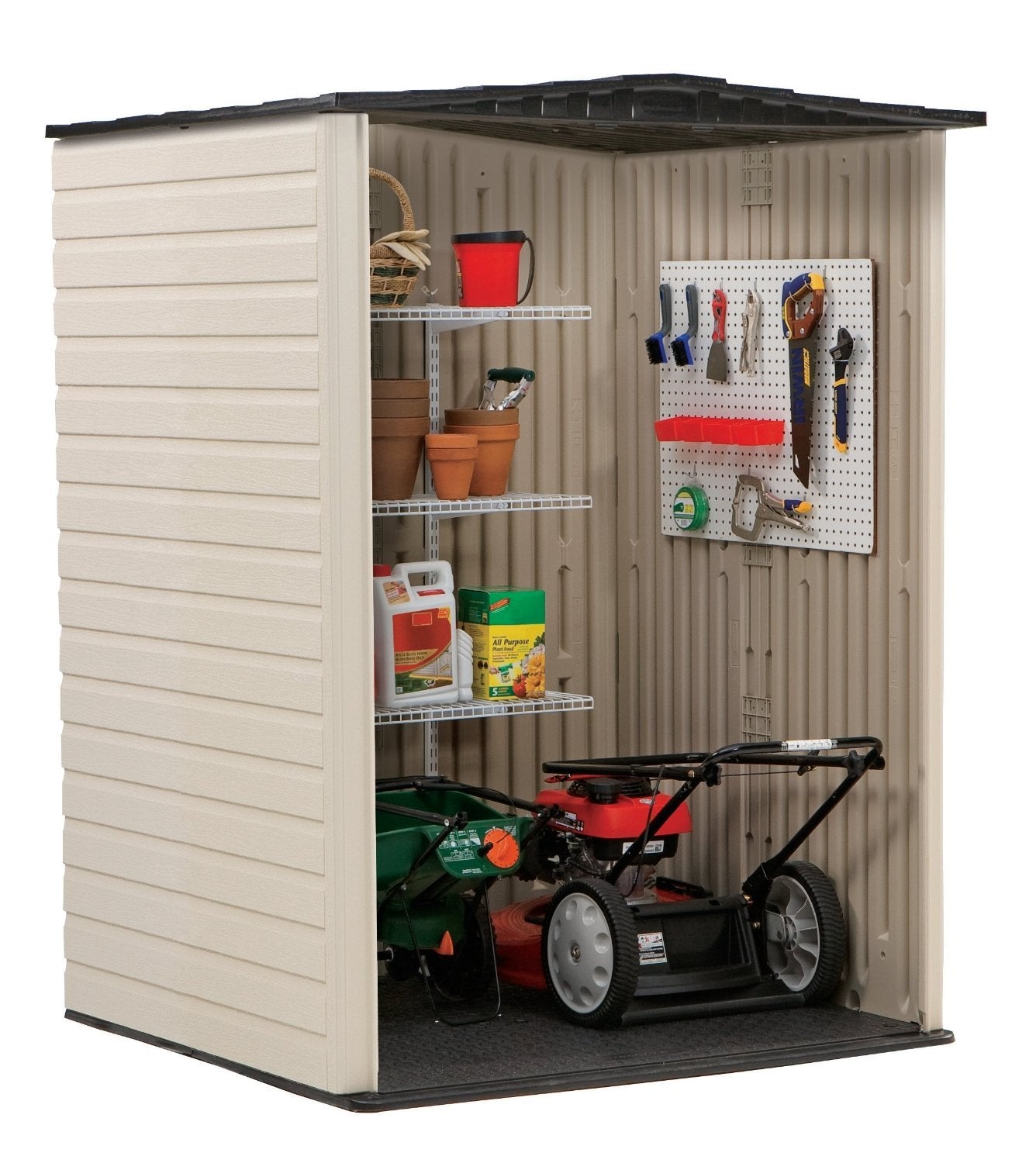 Rubbermaid Medium Vertical 106 Cu Ft Outdoor Storage Shed & Shelf Accessories