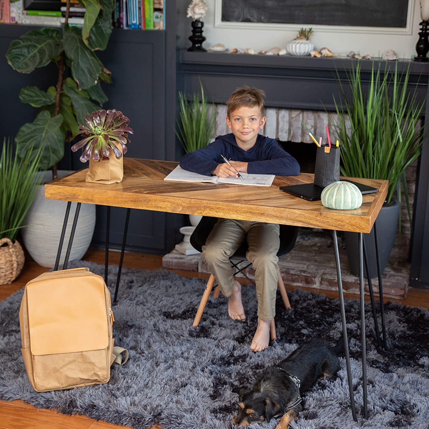 Mindful Living Rustic Mid Century Modern Wood & Iron Chevron Desk (For Parts)