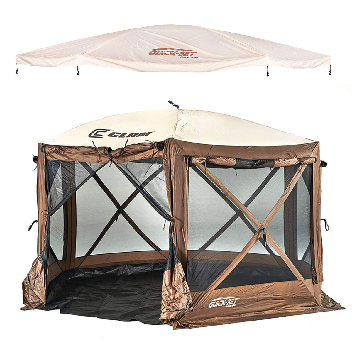 Clam Quickset Pavilion Brown 8 Person Tent w/ Floor Tarp and Tan Rain Fly