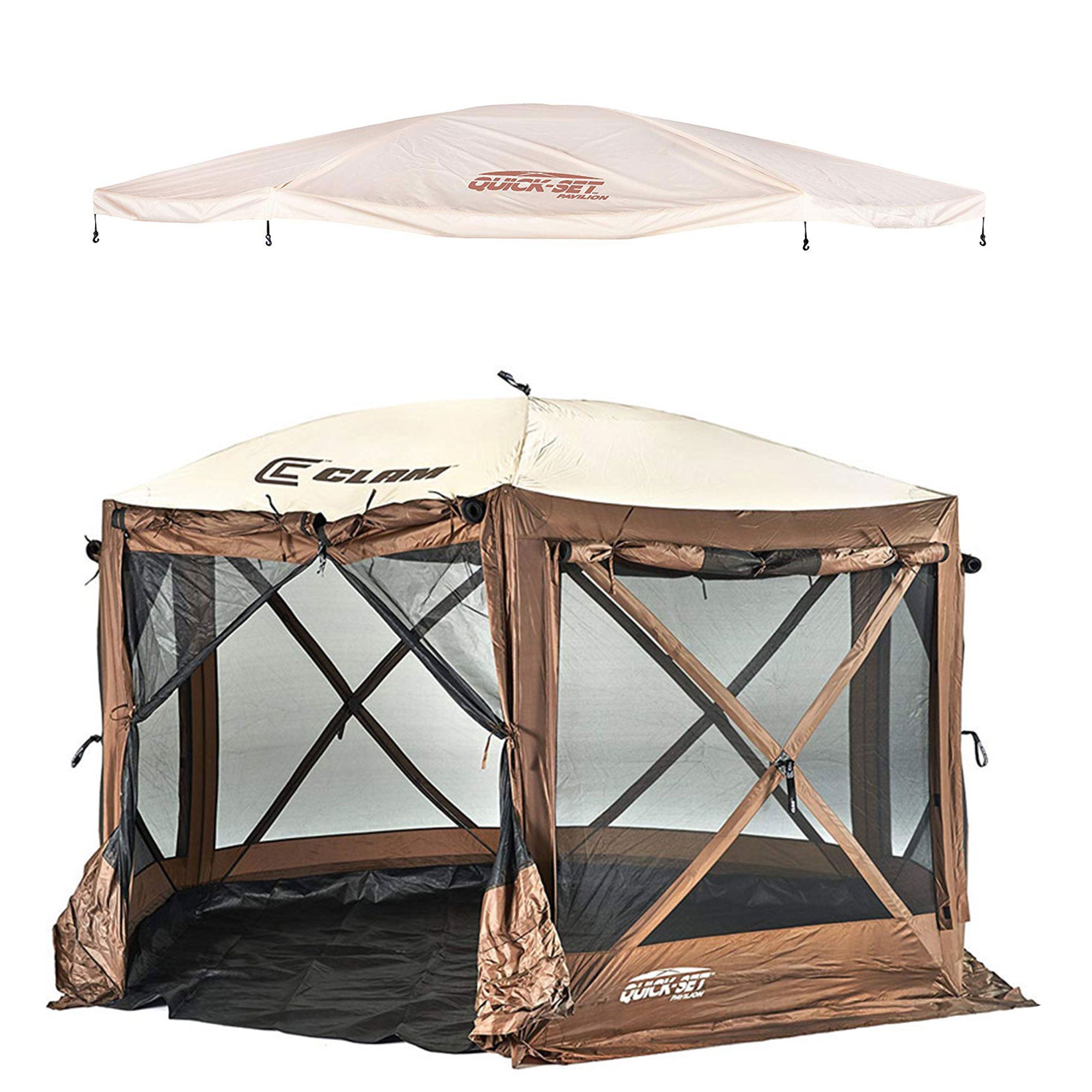 CLAM Quick-Set Pavilion Camper 12.5' x 12.5' Shelter, Brown w/Rain Fly Tarp, Tan - VMInnovations