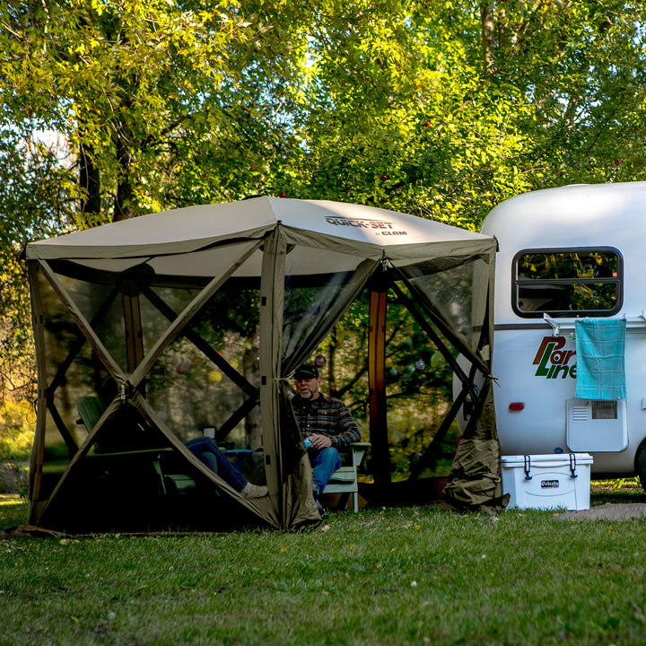 CLAM Quick-Set Venture 9x9 Ft Portable Camping Canopy, Green/Tan (Open Box) - VMInnovations