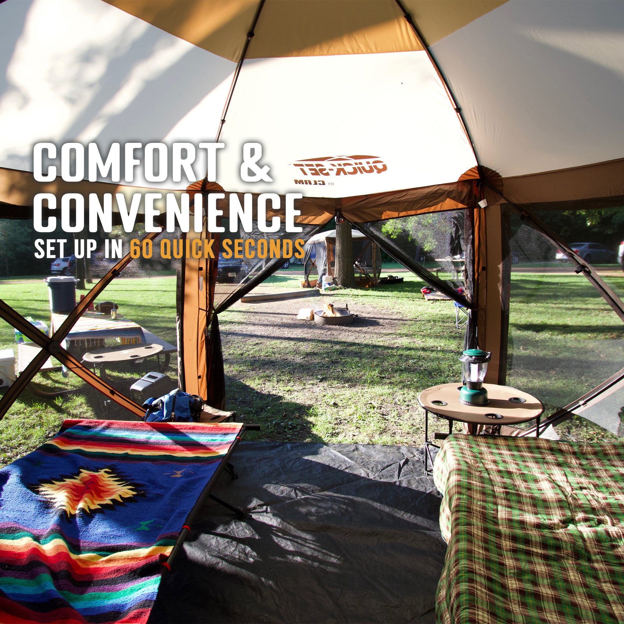 CLAM Quick-Set Pavilion Camper 12.5' x 12.5' Shelter, Brown w/Rain Fly Tarp, Tan - VMInnovations