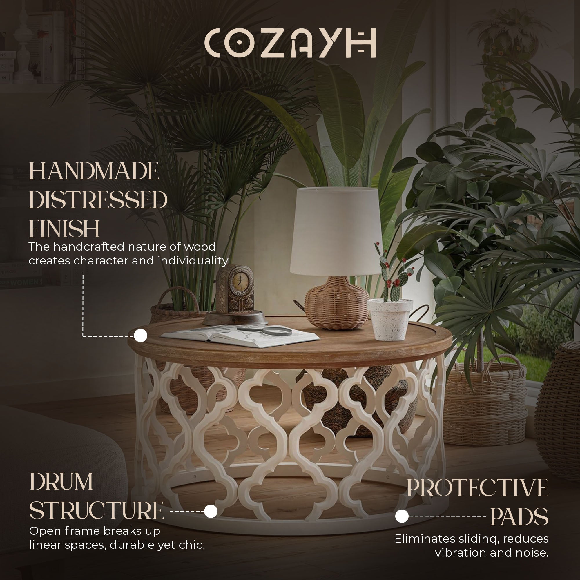 COZAYH Farmhouse Round Coffee Table, Distressed Wood Tray Top for Home, White